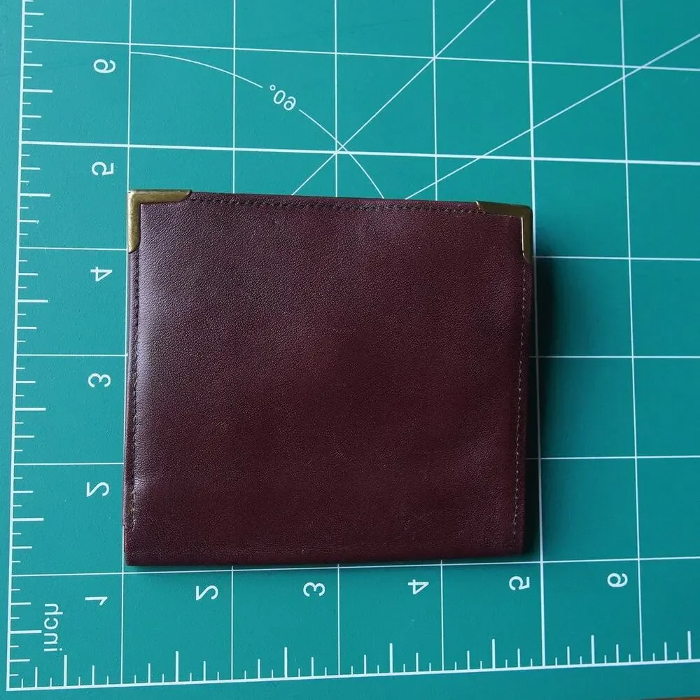 Vintage Burgundy Leather Wallet Brass Corner Guards Coin Purse ID Window